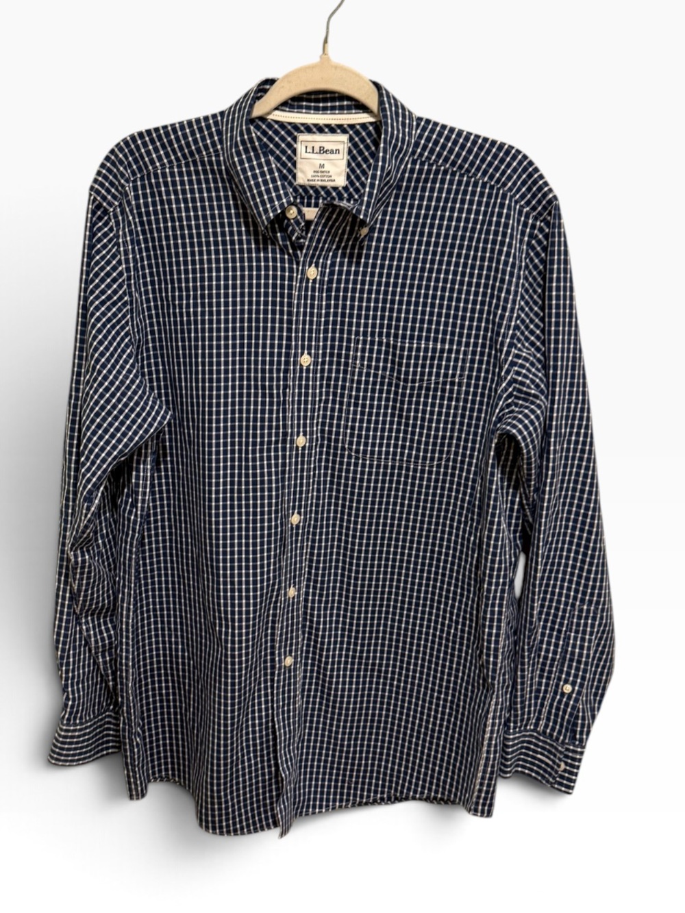 L.L. Bean Navy and White Windowpane Button-Down Shirt (Like New)